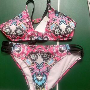 Ekouaer Juniors Flowery Halter Shirred Bikini Set - XL